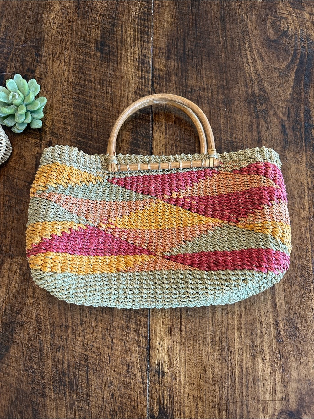 Boho Vintage Multicolored Raffia Straw Beach Bag Tote with Bamboo Handles